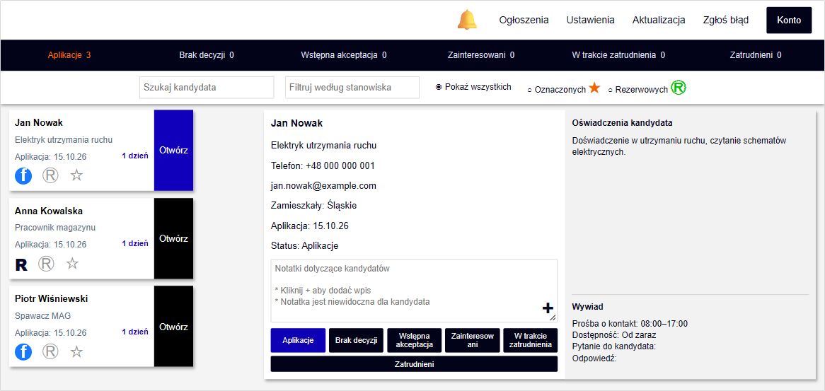 Przykładowy interfejs Rekrunext z fikcyjnymi danymi